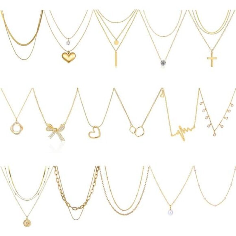 16-Piece Gold Pendant Necklace Set – Minimalist Fashion Jewelry Collection